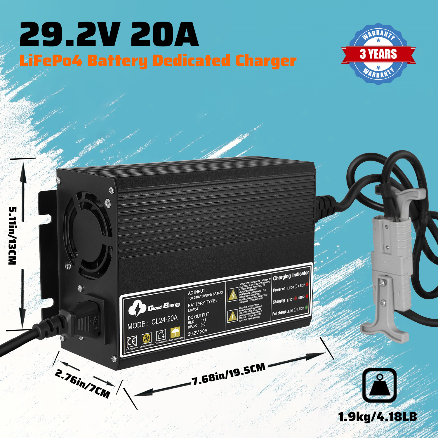 Cloudenergy 24V-20A Lithium Battery Charger Input and Output Ports