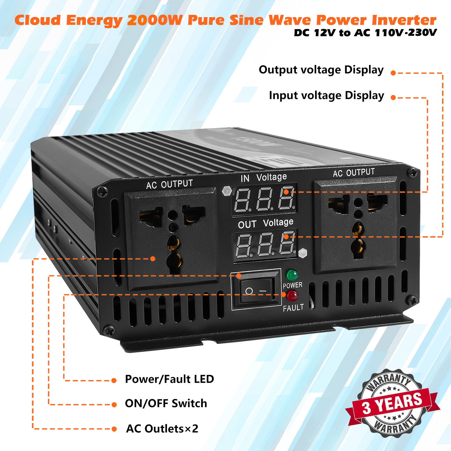 Cloudenergy 2000W DC/AC Inverter Input and Output Ports