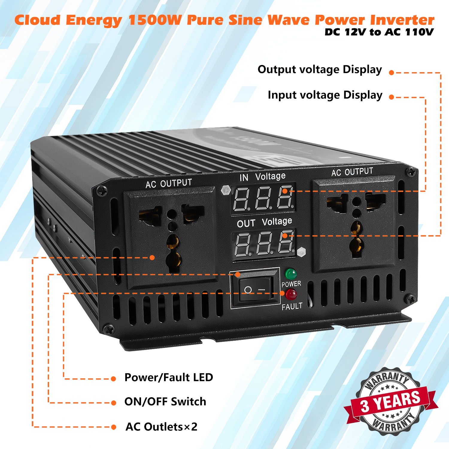 Cloudenergy 1500W DC/AC Inverter Input and Output Ports