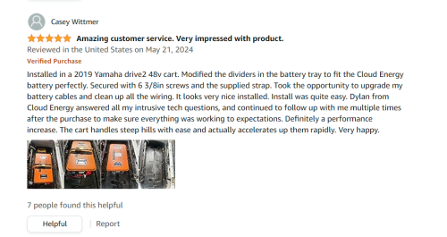 Customer Review: Casey Wittmer's Experience with CloudEnergy Golf Cart Batteries